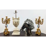 COLLECTION OF INTEREST, including a table lamp, 55cm H, pair of candelabra, 41cm H and a