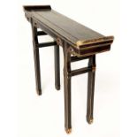 CHINESE CONSOLE TABLE, elm and black lacquered with pierced frieze and shaped supports, 102cm W x
