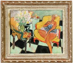 HENRI MATISSE, Jeune femme assise jaune, off set lithograph, French vintage frame, 21cm x 26.5cm.