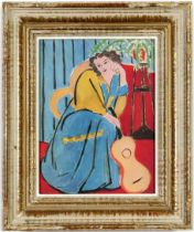 HENRI MATISSE, Jeune femme assise avec guitare, off set lithograph, French vintage frame, 28cm x