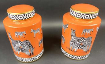 GINGER JARS, a pair, glazed ceramic, zebra print design, 30cm high, 17cm diameter. (2)