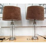 TABLE LAMPS, a pair, glass and polished metal, velvet shades, 63cm H. (2)