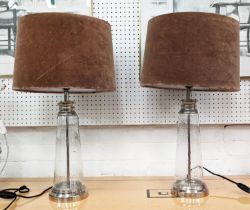 TABLE LAMPS, a pair, glass and polished metal, velvet shades, 63cm H. (2)