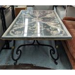 DINING TABLE, 185cm L x 72cm H x 114cm D with a rectangular glass cover above an Italian leaf