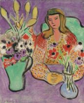HENRI MATISSE, Portrait in colours of a woman with flowers, off set lithograph, vintage French