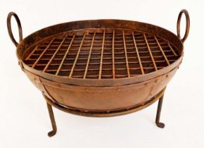 INDIAN STYLE KADAI FIRE PIT, on a stand, oxidised metal, 47cm high, 64cm wide, 60cm diameter.