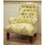 ARMCHAIR, 87cm H x 72cm W, Victorian walnut in cream and patterned fabric on ceramic front castors.