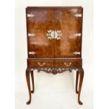 COCKTAIL CABINET, Queen Anne style burr walnut and silvered metal mounted with two doors and