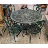 GARDEN TABLE AND FOUR CHAIRS, Victorian style, green table painted, 71cm H x 109cm diam, chairs 88cm