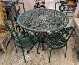 GARDEN TABLE AND FOUR CHAIRS, Victorian style, green table painted, 71cm H x 109cm diam, chairs 88cm