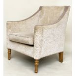 ARMCHAIRS, a pair, pale grey velvet and cut velvet with scroll arms and tapering supports, 75cm
