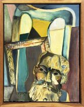 RICARDO R. DIAZ (American b. 1939) 'Mask on Chair', oil on canvas, 51cm x 41cm, framed.