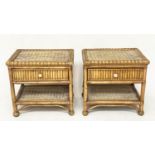 BAMBOO SIDE/LAMP TABLES, a pair, cane bound with wicker woven shelves and drawer, 63cm W x 49cm D