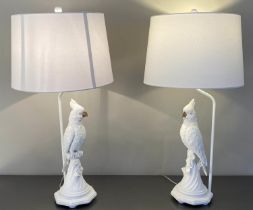 TABLE LAMPS, a pair, in the form of cockatoos, with shades, 76cm x 38cm x 38cm. (2)