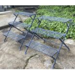 GARDEN ETAGERES, a pair, 63cm H x 62cm W x 60cm D, three tier, lead grey painted metal. (2)