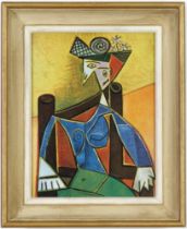 AFTER PABLO PICASSO, Seated woman, off set lithograph, French vintage frame, 33cm x 25cm.