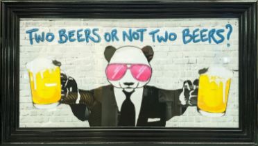 CONTEMPORARY SCHOOL, 'Two Beers or not Two Beers', framed print with relief detail, 115cm x 65cm.