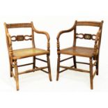 ARMCHAIRS, a pair, Regency style faux rosewood and brass inlaid, with cane seats and ring turned