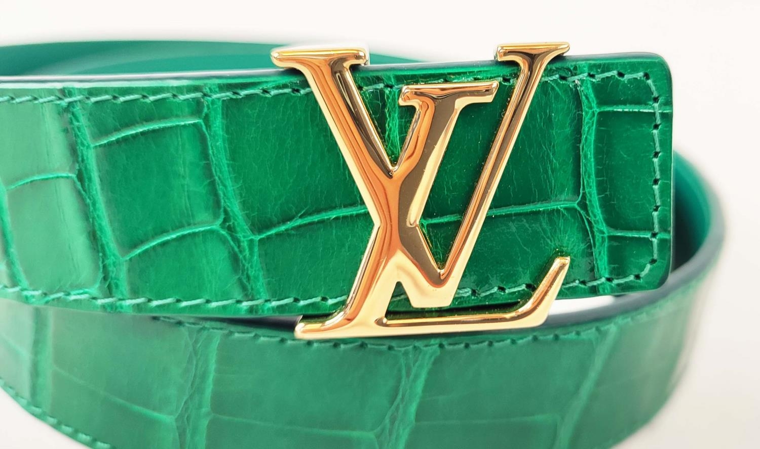 LOUIS VUITTON CROCODILE BELT, green exotic leather with gold tone initials at the front, size 80/32, - Image 2 of 4
