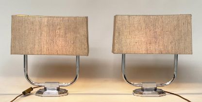 ART DECO STYLE TABLE LAMPS, a pair, chromed with stepped plinths and shades, 43cm H. (2)