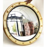 CONVEX WALL MIRROR, Regency style giltwood with convex mirror plate, ebonised reeded slip and ball