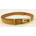 GUCCI BELT MUSTARD SUEDE, with iconic square G logo buckle, gold tone hardware, tan leather on