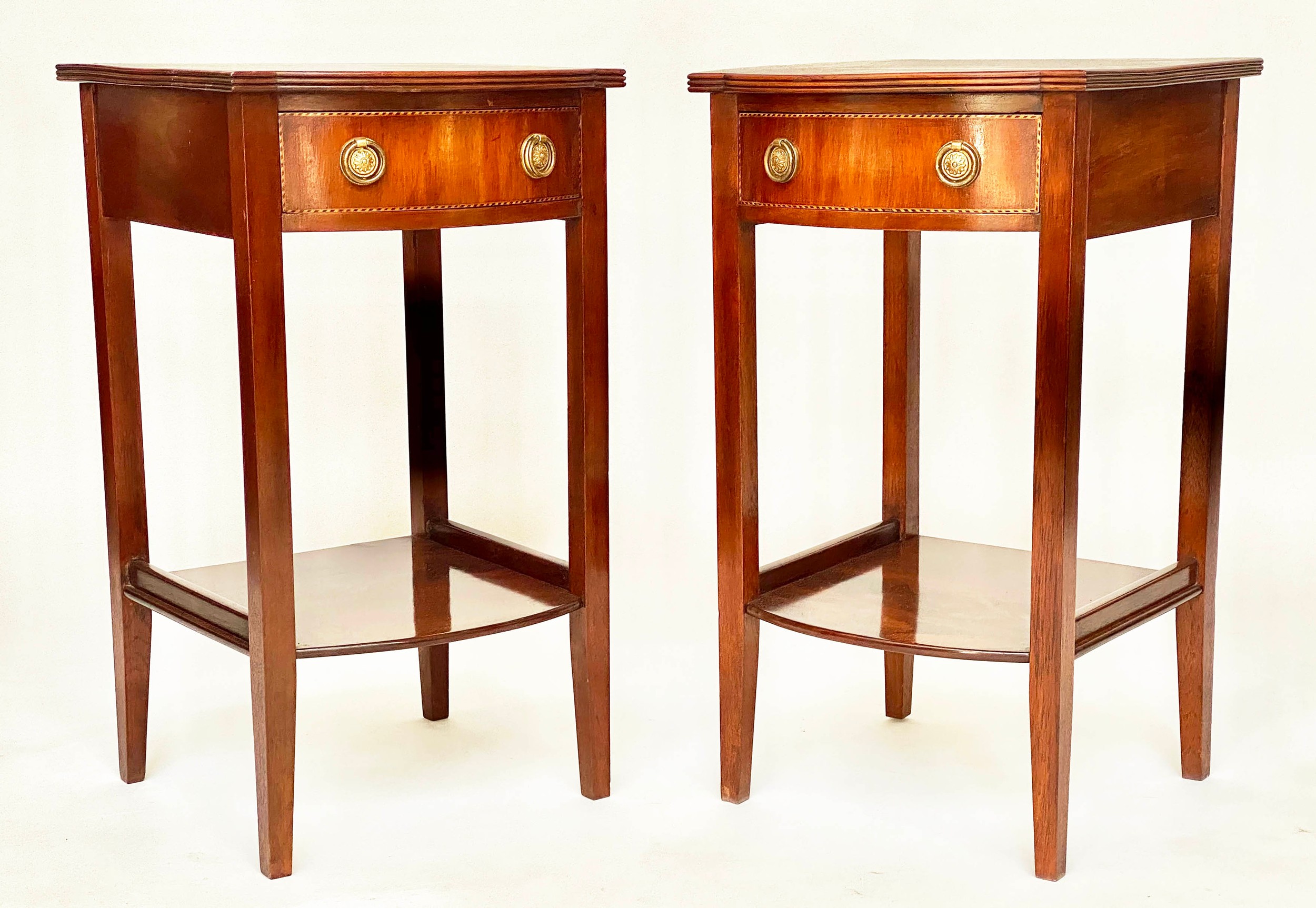 BEDSIDE/LAMP TABLES, a pair, George III design flame mahogany and crossbanded each with drawer and - Image 7 of 9