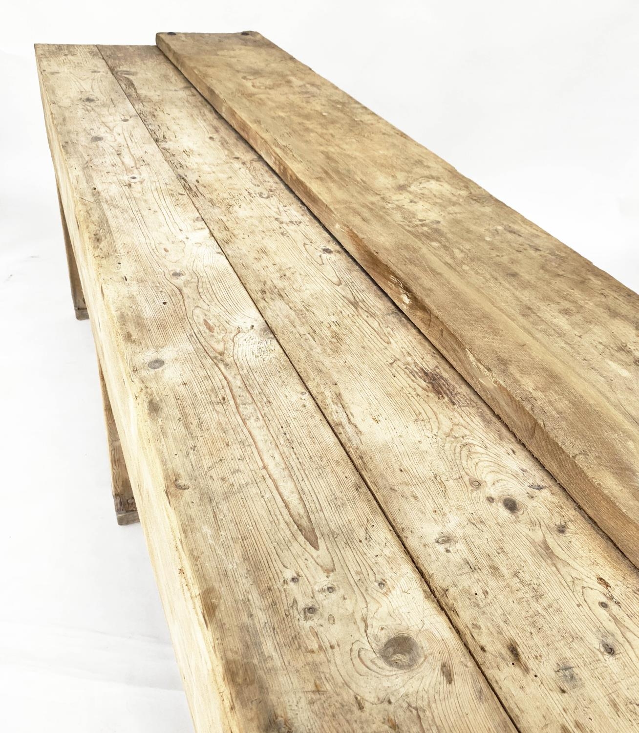 WORK BENCH, vintage/early 20th century broad planked pine, 211cm x 62cm x 80cm H. - Image 4 of 8