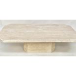 TRAVERTINE LOW TABLE, 1970s Italian marble rectangular with moulded edge and canted corners, 170cm x