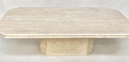 TRAVERTINE LOW TABLE, 1970s Italian marble rectangular with moulded edge and canted corners, 170cm x