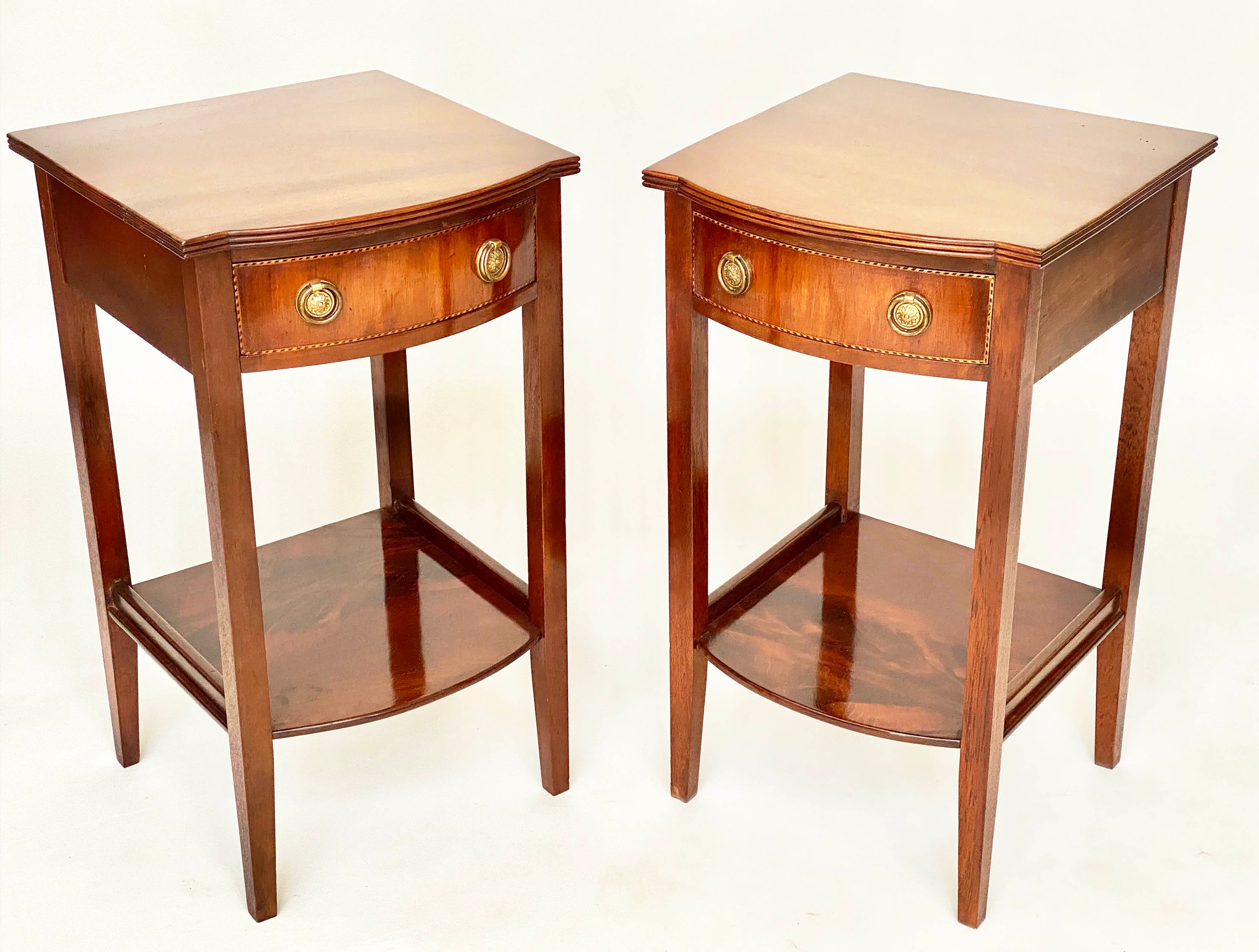 BEDSIDE/LAMP TABLES, a pair, George III design flame mahogany and crossbanded each with drawer and - Image 9 of 9