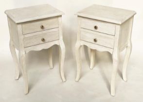 BEDSIDE/LAMP TABLES, a pair, French Louis XV style traditionally grey painted each with two