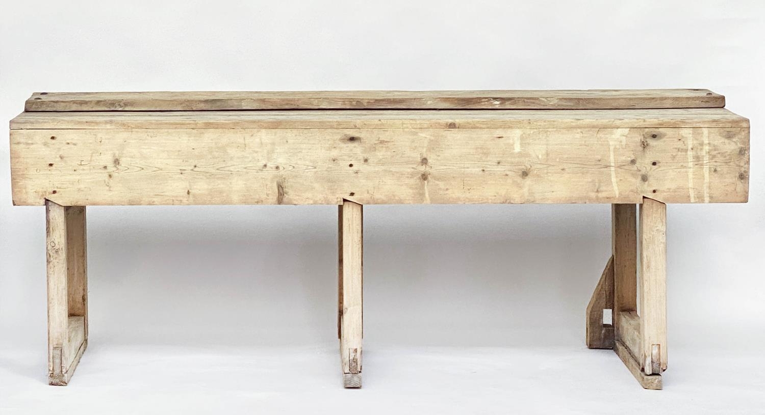 WORK BENCH, vintage/early 20th century broad planked pine, 211cm x 62cm x 80cm H. - Image 3 of 8