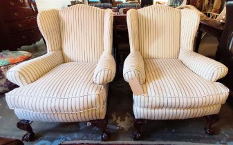 WING ARMCHAIRS, 101cm H x 82cm W, a pair, George III style in ticking upholstery. (2)