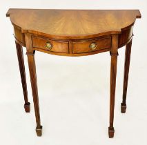 HALL TABLE, George III design flame mahogany and crossbanded of bowed outline with two frieze