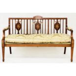 HALL BENCH, early 20th century Edwardian mahogany and marquetry with oval panelled back and golden
