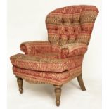 ARMCHAIR, Victorian style deep buttoned spoon back, with Indian print upholstery.