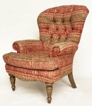 ARMCHAIR, Victorian style deep buttoned spoon back, with Indian print upholstery.