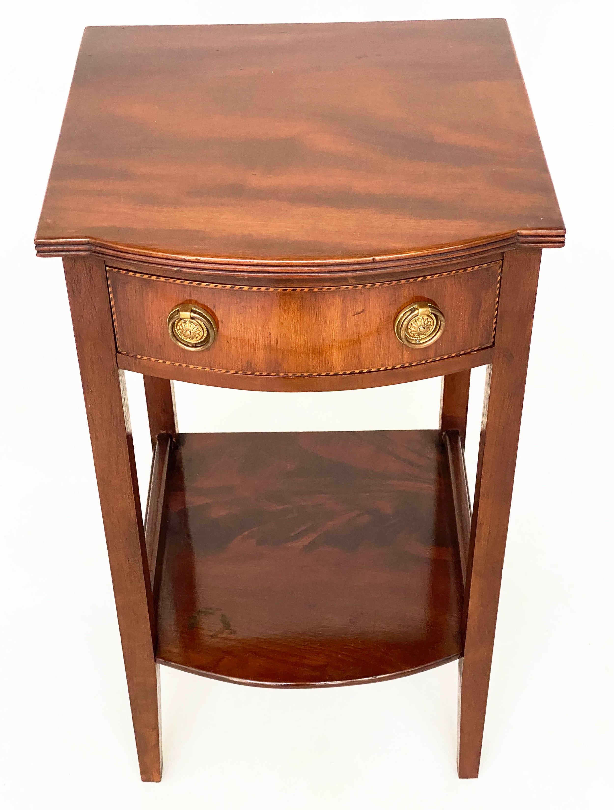 BEDSIDE/LAMP TABLES, a pair, George III design flame mahogany and crossbanded each with drawer and - Image 5 of 9