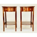 BEDSIDE/LAMP TABLES, a pair, George III design flame mahogany and crossbanded each with drawer and