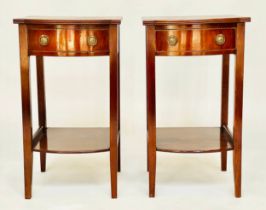 BEDSIDE/LAMP TABLES, a pair, George III design flame mahogany and crossbanded each with drawer and