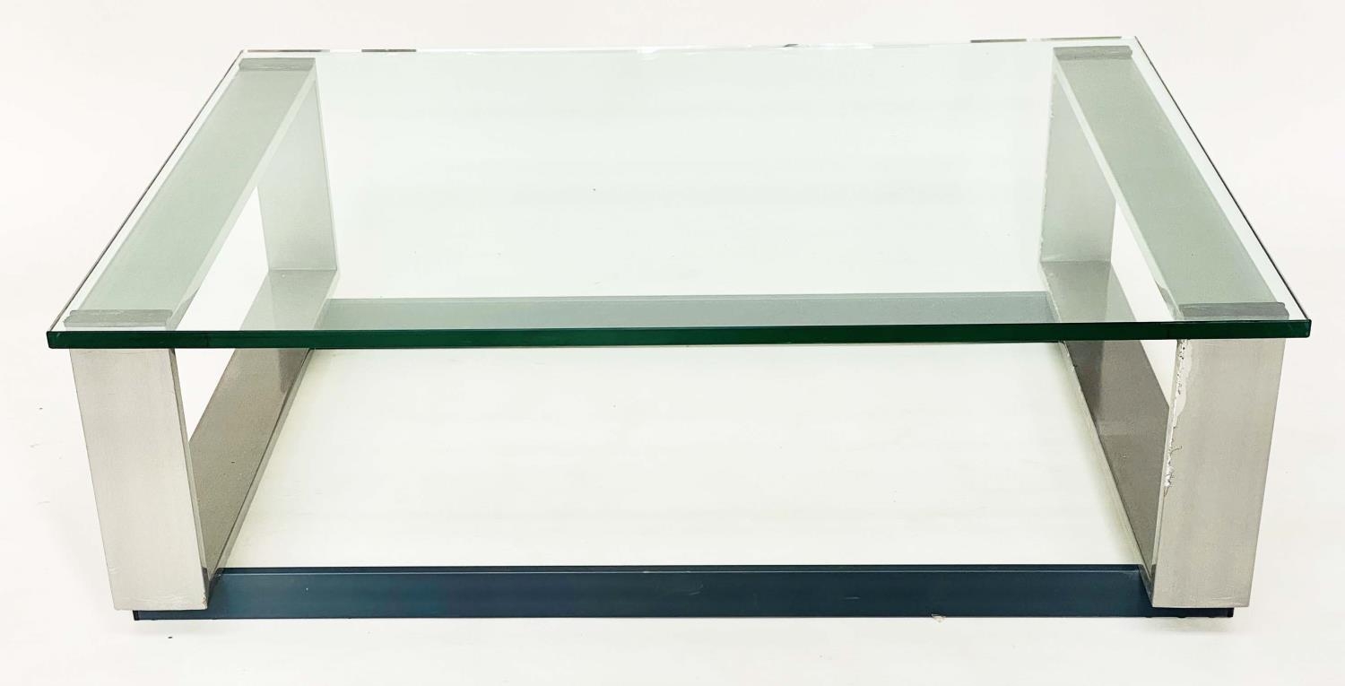 LOW TABLE, 1970's rectangular plate glass on lacquered stainless steel support, 91cm x 122cm x