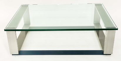 LOW TABLE, 1970's rectangular plate glass on lacquered stainless steel support, 91cm x 122cm x