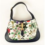 GUCCI JACKIE FLORA HOBO BAG, fabric floral pattern by Vittorio Accornero and navy blue leather