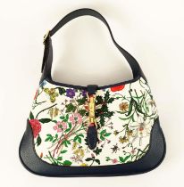 GUCCI JACKIE FLORA HOBO BAG, fabric floral pattern by Vittorio Accornero and navy blue leather