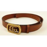 GUCCI UNISEX FRAMED GG LOGO MARMONT BELT, framed GG logo on brass buckle with brown leather, size