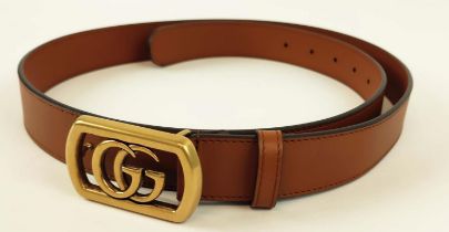 GUCCI UNISEX FRAMED GG LOGO MARMONT BELT, framed GG logo on brass buckle with brown leather, size