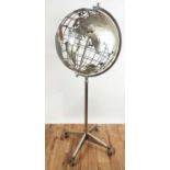 GLOBE, silvered metal, on stand, 154cm H.