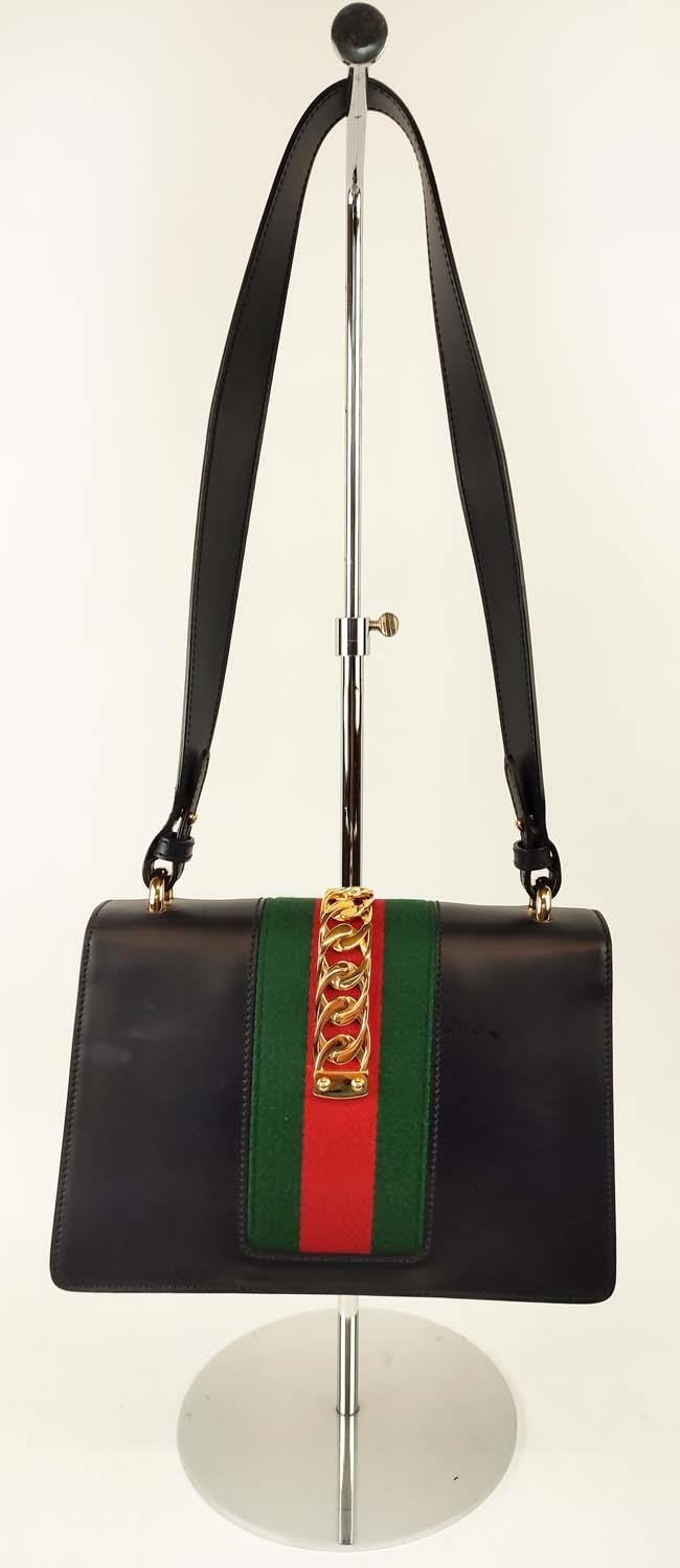 GUCCI SYLVIE SHOULDER BAG, flap closure, blue leather with iconic green and red web detailing, - Image 4 of 9