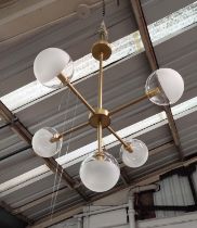 CEILING PENDANT LIGHT, 1960s Italian style, gilt metal, glass shades, 100cm drop.